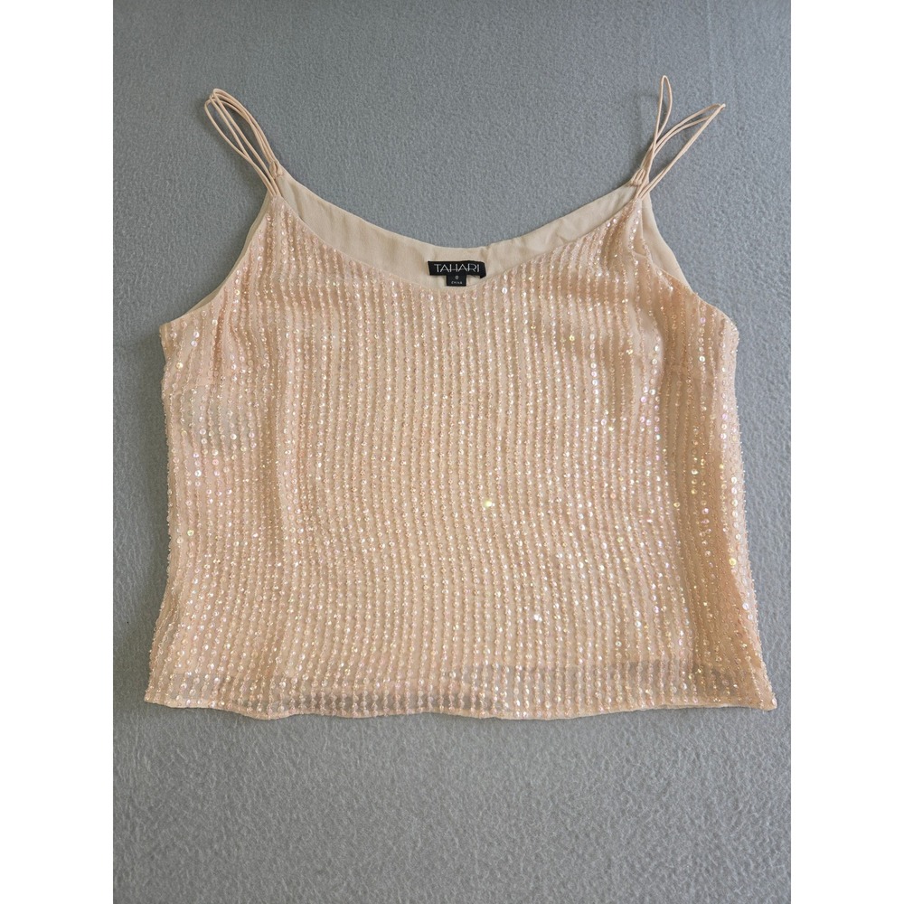 Tahari Camisole Women 8 Pink Silk Sequin Embellished Spaghetti Strap Evening Top